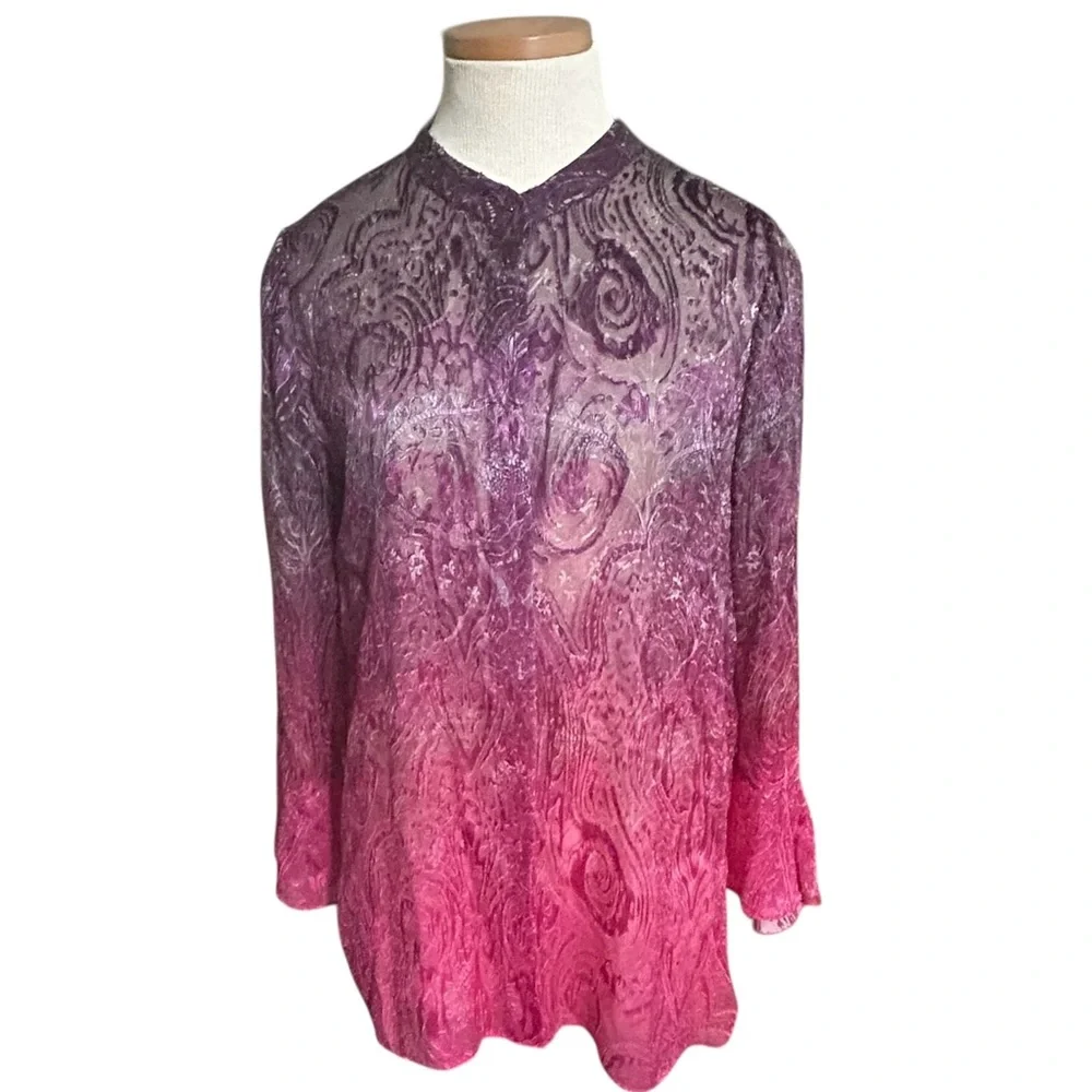 Elie Tahari Silk Blend Ombre Blouse Pink Purple Paisley Sheer Tunic Top